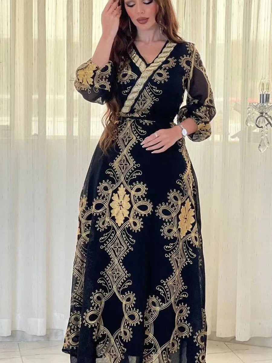 Arab Costumes Female Fashion Chic Mesh Embroidery Full Sleeve V-Neck Belted Clothing Muslim Elegant Women Evening Dress Black Dress