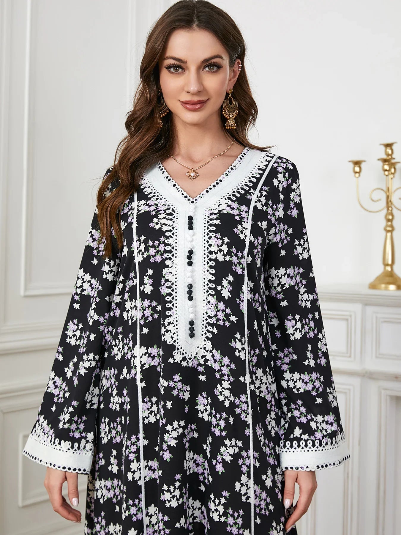 Floral Print Black Jalabiya Oriental Dress Islamic Clothing Muslim Abaya Ramadan Eid Dubai Turkish Hijabi Robe (No Scarf)