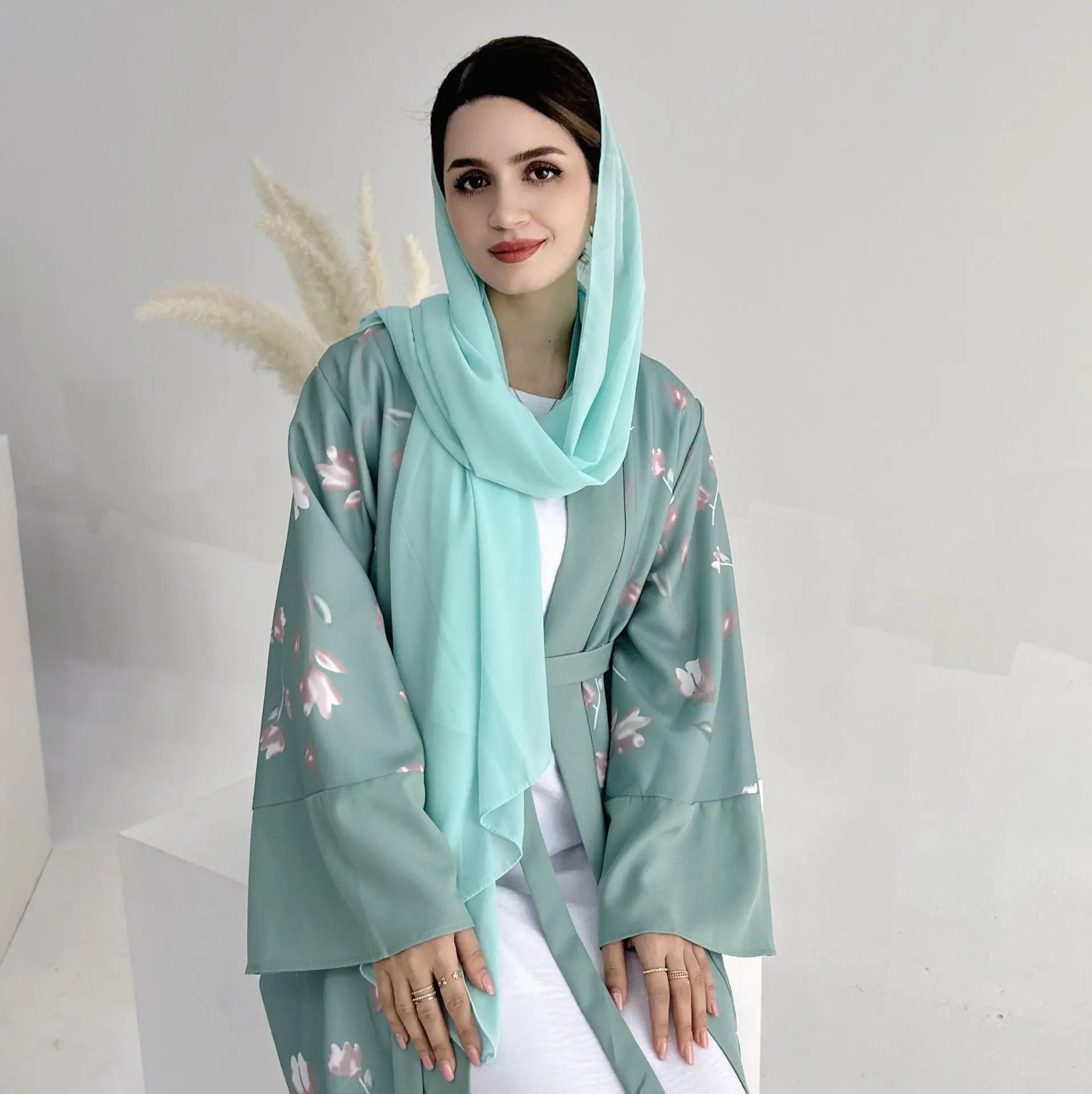 Floral Print Women Muslim Open Abaya Cardigan Maxi Dress Turkey Arabic Robe Eid Ramadan Kaftan Islamic Kimono Caftan Dubai Femme 060-2Light Green