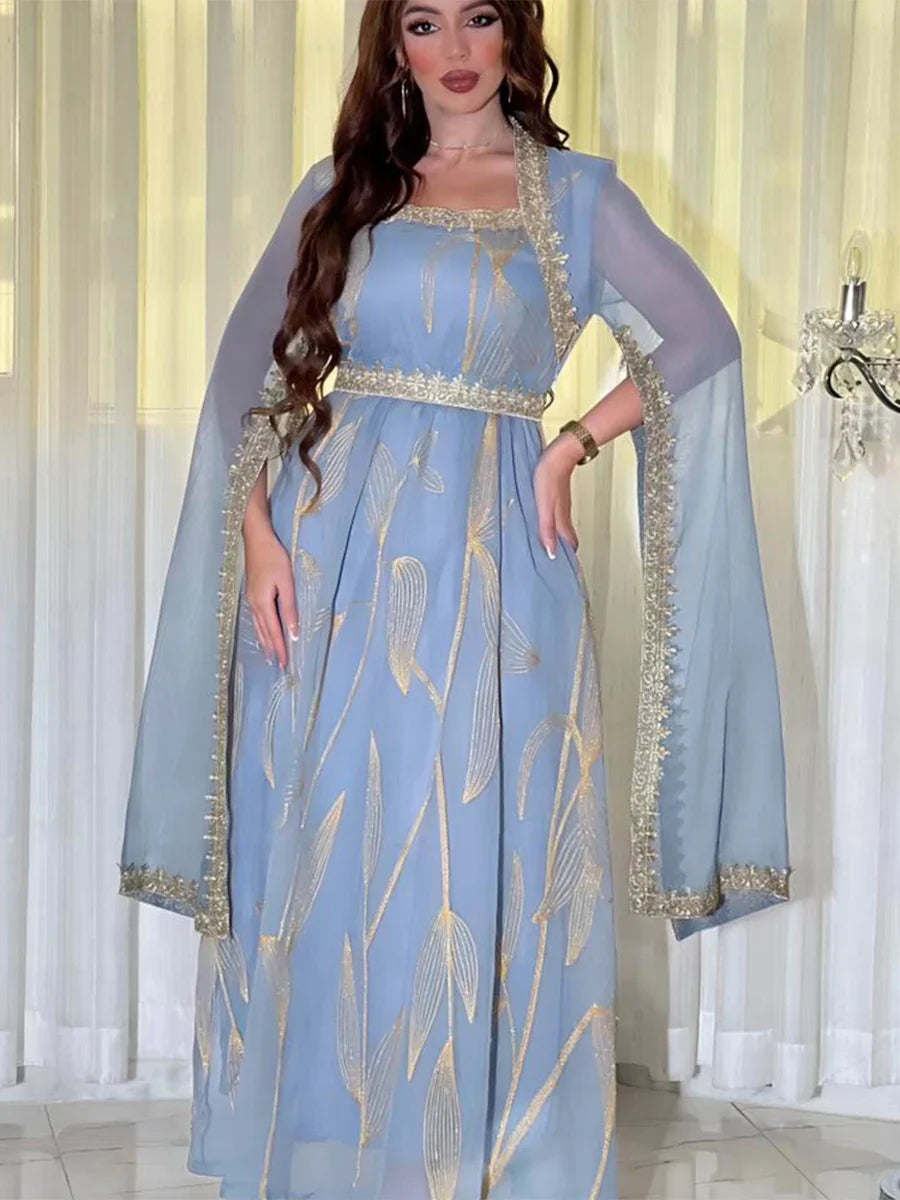 Dubai Abayas For Women Turkish Fashion Belted Kaftan Outfits Jalabiya Evening Gown Ramadan Eid Muslim Femme Floral Gold Stamping Light Blue Dress