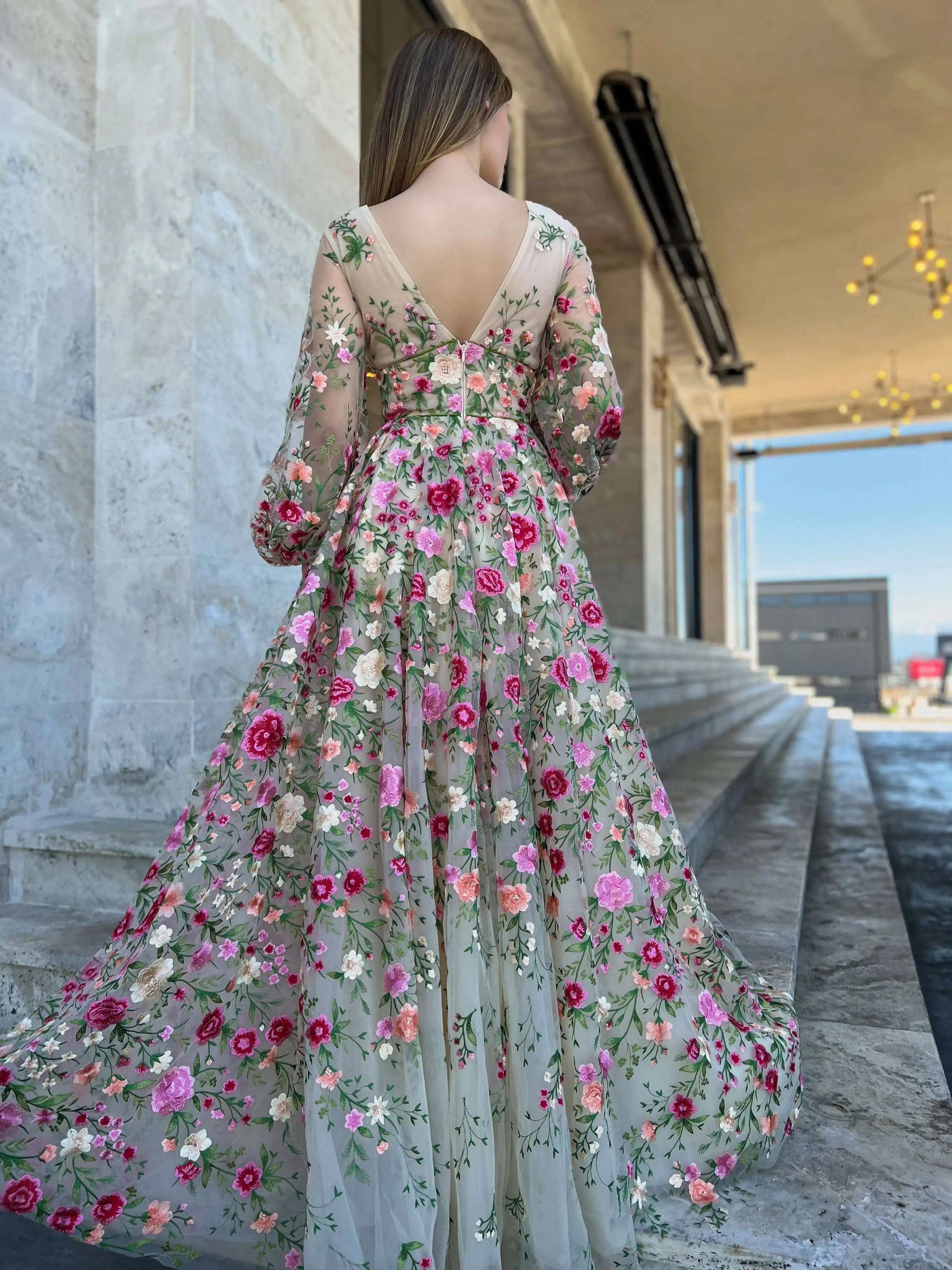 Princes Wildflower Reverie Gown Sweet 3D Flower Prom Dress Fairy A-line Puffy Sleeve Party Dress فساتين مناسبة رسمية