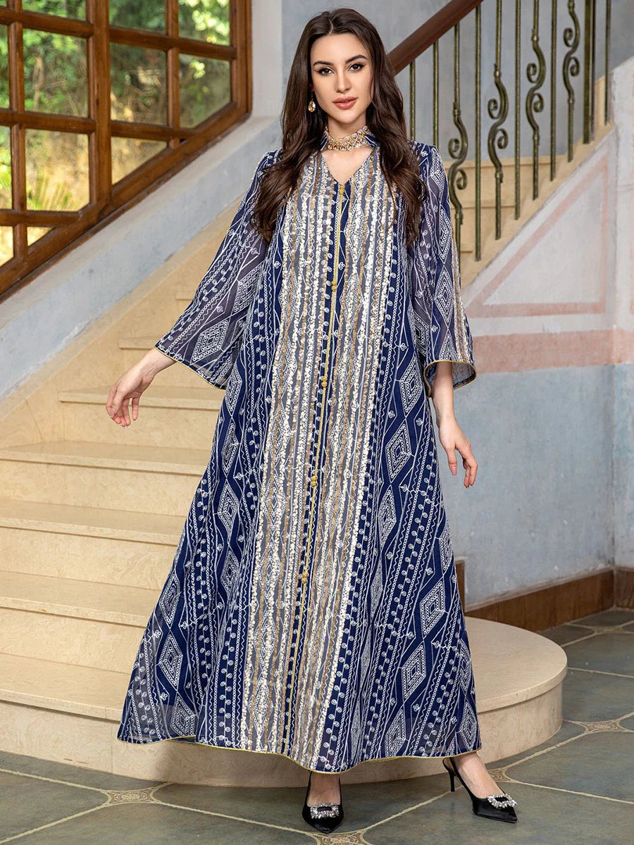 Dubai Fashion Sequins Embroidery Abaya Chic And Elegant Women Evening Dress Long Sleeve Notched V-Neck Casual Robe 2024 Dark Blue Dress