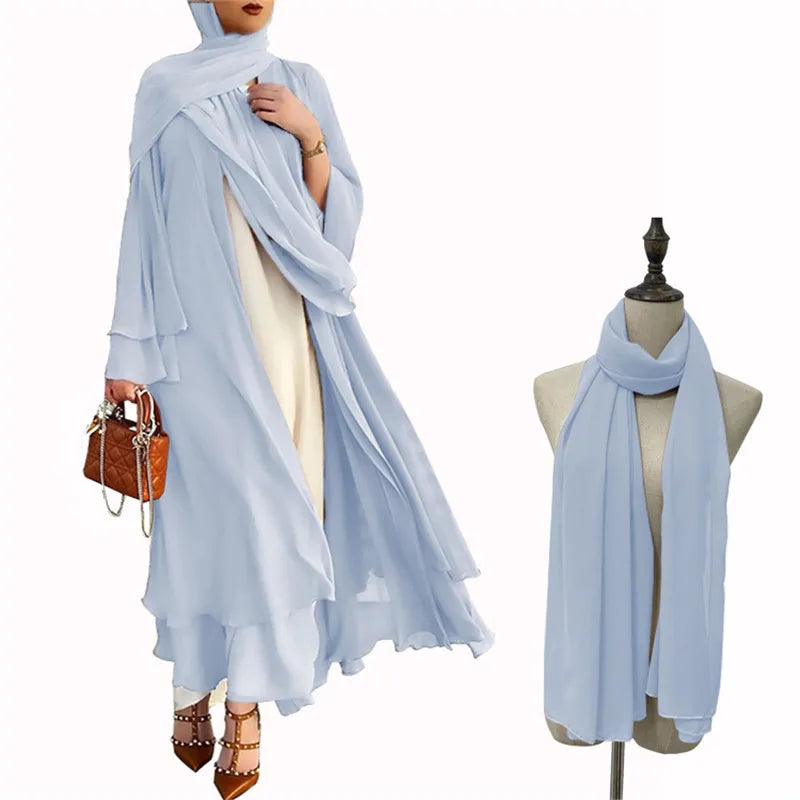 Muslim Women Abaya Long Maxi Dress Dubai Beads Kimono Turkish Open Cardigan Clothing Islam Ramadan Robe Eid Middle East Jalabiya EYA027-6LightBlue