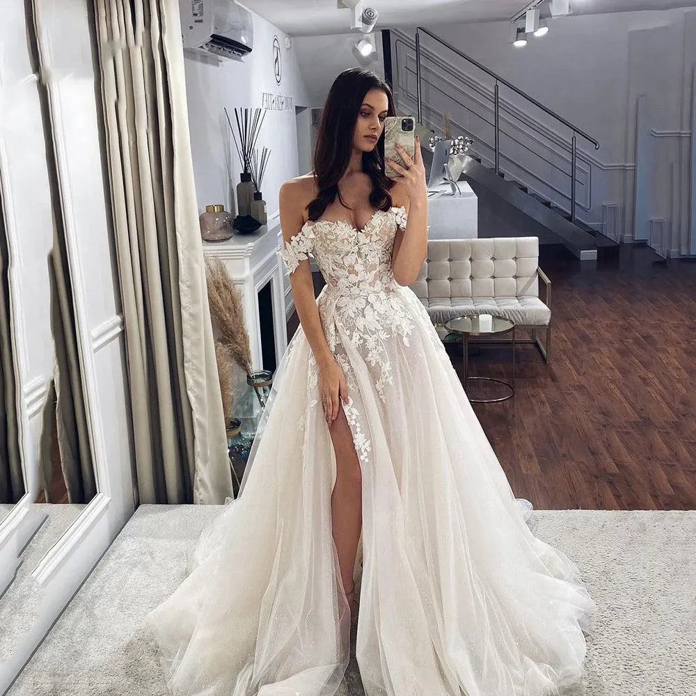 Luxurious Boho Off Shoulder Mopping Wedding Dresses Sweetheart Lace Beautiful Bridal Gowns Side Split Corset Sleeveless New 14W