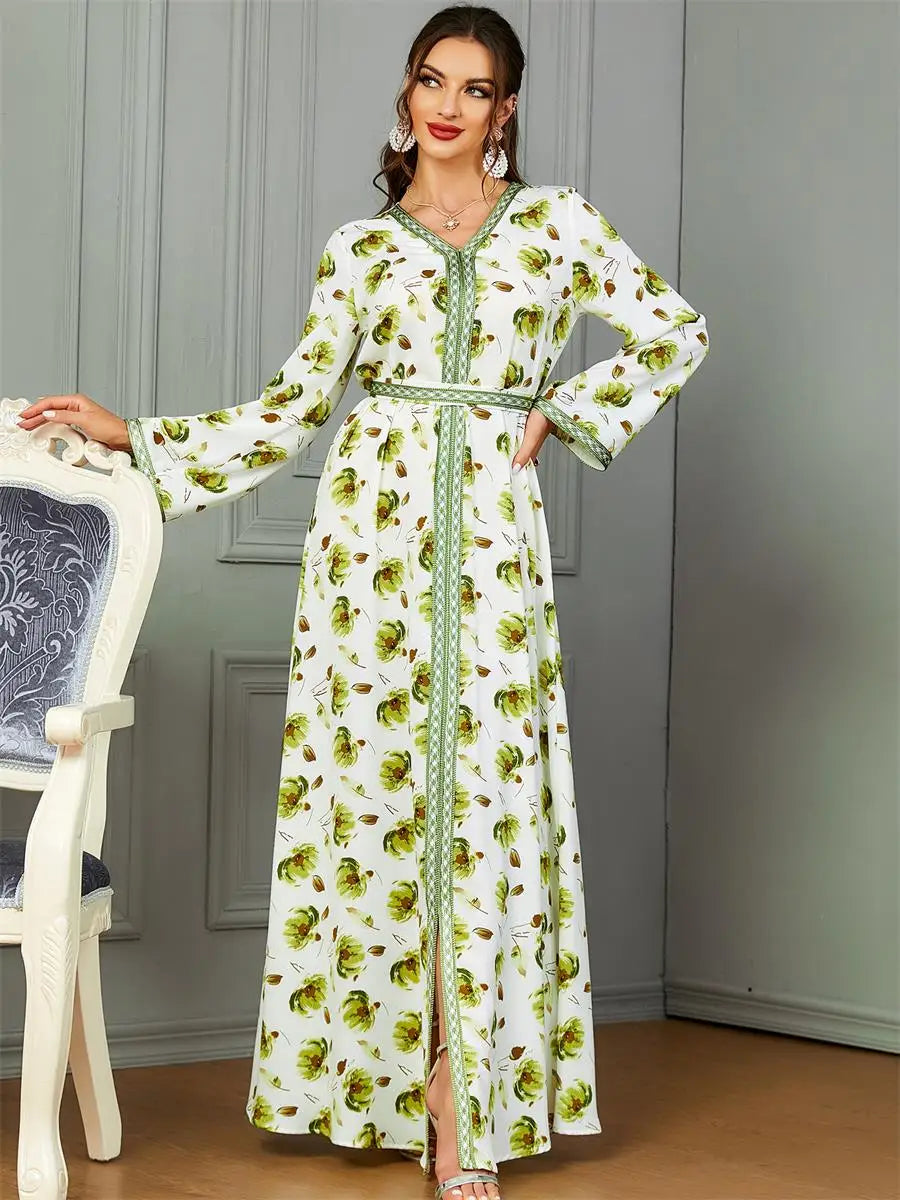 Fashion Chic Printing Casual Long Sleeve V-Neck Belted Dress Moroccan Gulf Caftan For Women Arab African Turkish Abaya Green Dress