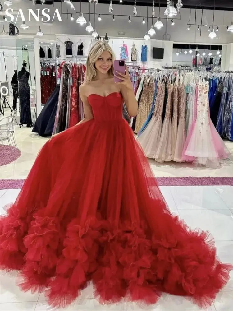 Princess Red Prom Dress Sweetheart Ball Gown Vestidos De Noche Multilayer Puffy Prom Dress Sleeveless Weddding Dress Red