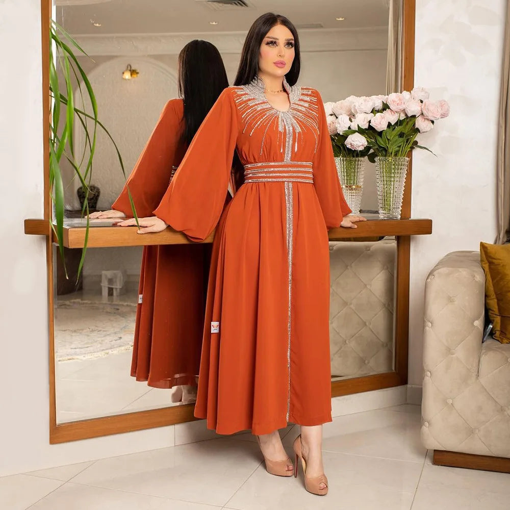 Caftan Arabian Evening Party Jalabiya Rhinestone Women Dress Dubai Robe Islam Clothing Muslim Ramadan Abaya Kaftan Morocco Gown 03 Orange