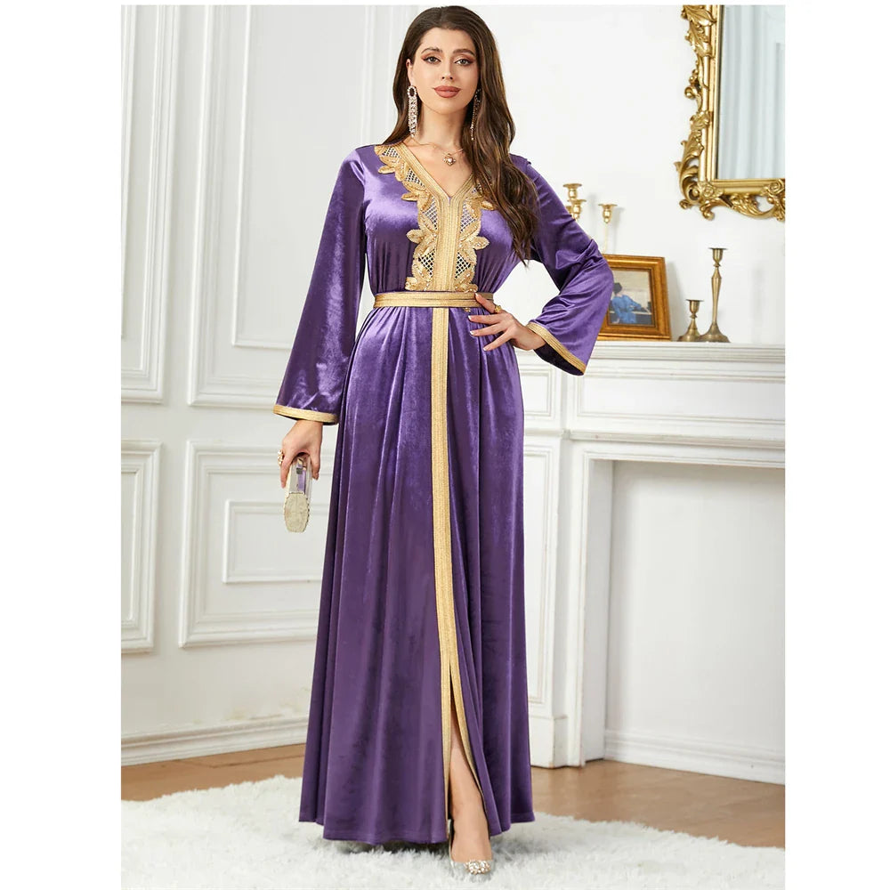 Velvet Embroidery Abaya for Fashion Women Muslim Winter Warm Long Maxi Dress Kaftan Turkey Arabic Kaftan Dubai Vestidos Moroccan 118-3Purple