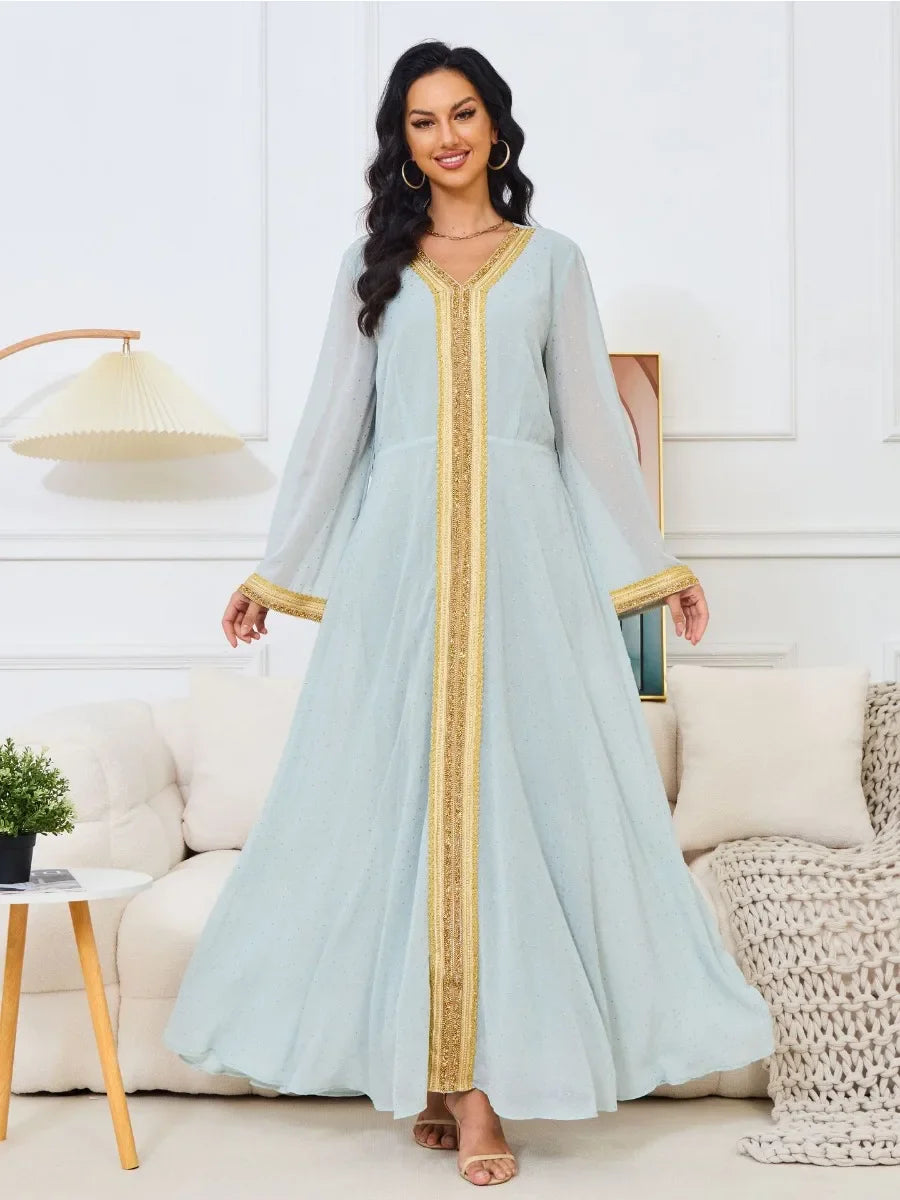 Fashion Dubai Solid Gold Stamping Diamonds Dress With Sashes Long Sleeve V-Neck Casual Abaya Moroccan African Clothing