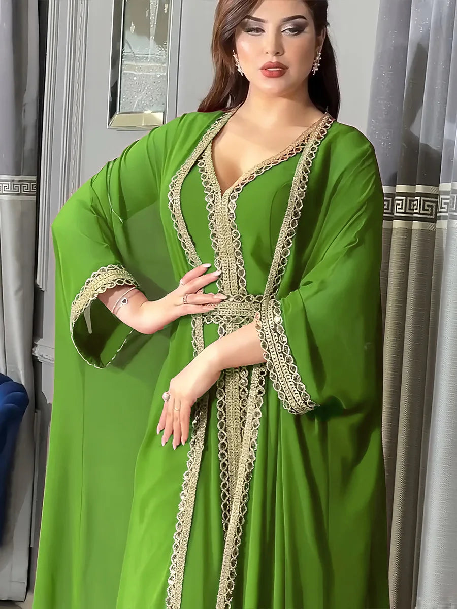 Muslim Fashion Two Piece Sequined Solid Summer V-Neck Abaya And Vest Long Dress Overgarments Islamic Women Moroccan Clothing Grass Green Dress