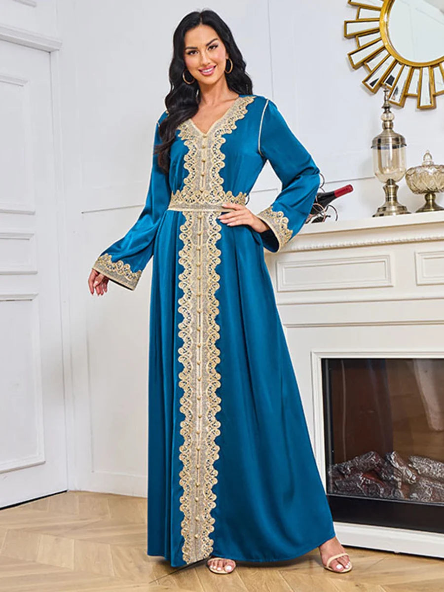 Fashion Modest Muslim Abayas Lace Tape Full Sleeve V-Neck Belted Clothing Long Dresses For Women Gala Blue Dress