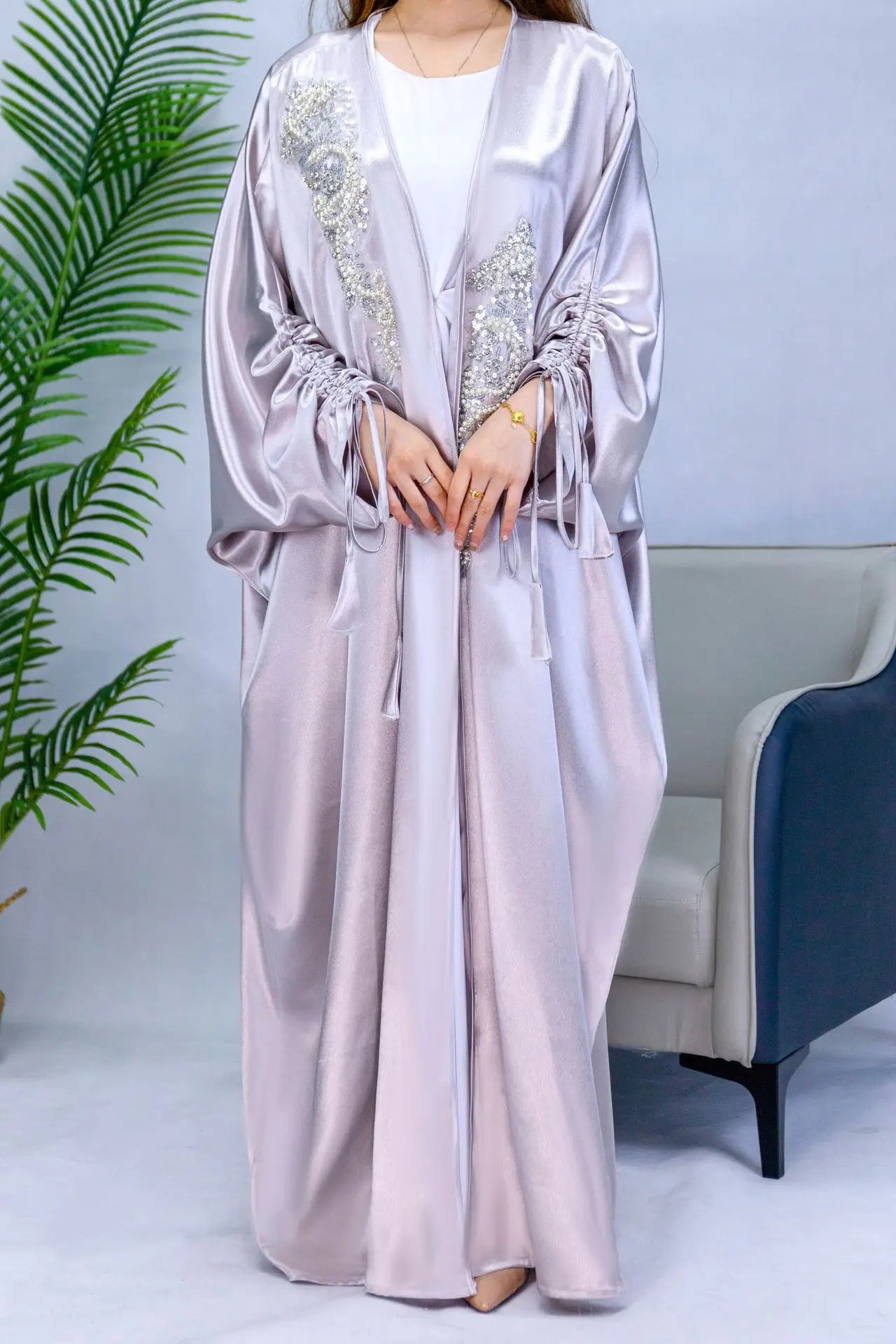 Elegant Women Muslim Satin Beading Open Abaya Kimono Long Maxi Dress Turkey Dubai Eid Party Kaftan Arabic Robe Morocco Jalabiya 02 Silver One Size