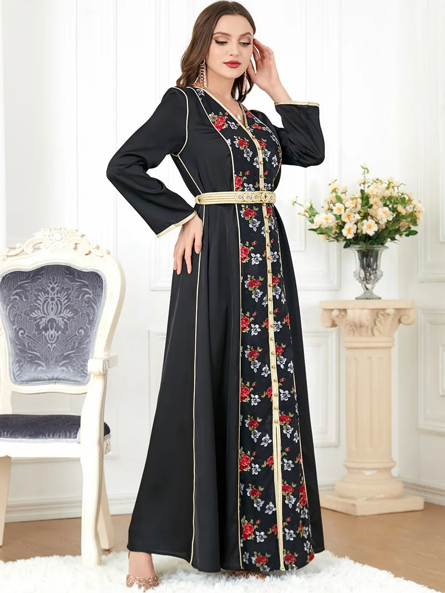 Prom Dresses 2023 Floral Embroidery Belted Kaftan V-Neck Beading Party Dress Jalabiyat Ramadan Abaya Clothes For Women Black Dress