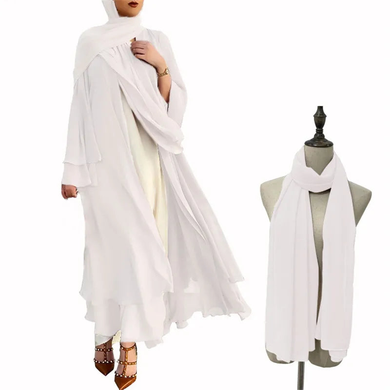 Muslim Women Abaya Long Maxi Dress Dubai Beads Kimono Turkish Open Cardigan Clothing Islam Ramadan Robe Eid Middle East Jalabiya EYA027-7White