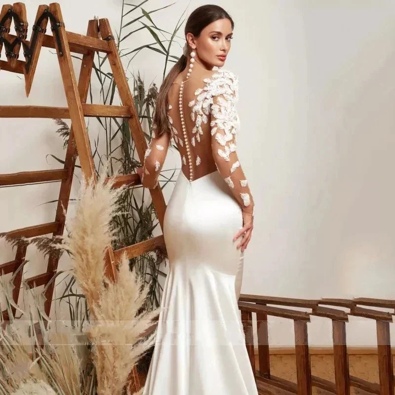 Illusion Backless Mermaid Wedding Dresses Long Sleeve Appliques Bride Gowns Elegant Formal Beach Party Vestidos De Novia