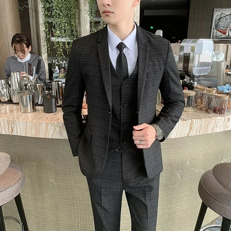 Suit Jacket Vest Pants 3 Pcs Set / 2023 Fashion New Men's Casual Business Solid Color Slim Fits Blazers Coat Trousers Waistcoat black