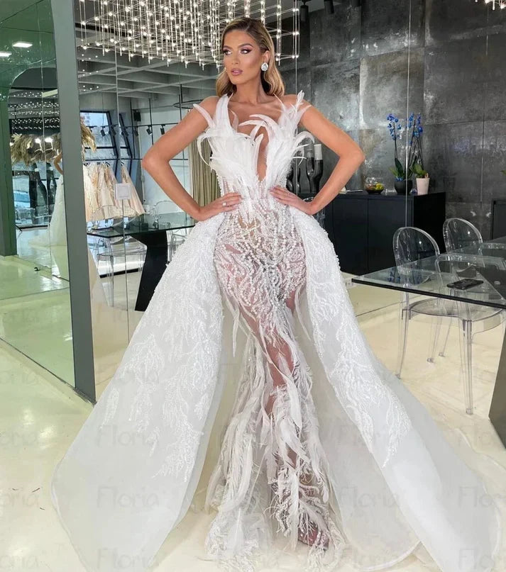 Floria Ivory Feather Mermaid Wedding Dresses Luxury For Women Detachable Train Bridal Gowns Formal Prom Gowns for Wedding