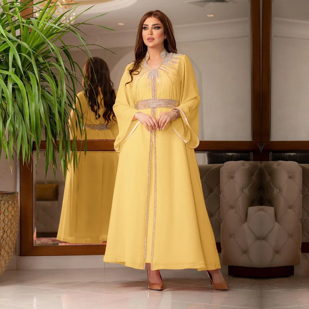 Caftan Arabian Evening Party Jalabiya Rhinestone Women Dress Dubai Robe Islam Clothing Muslim Ramadan Abaya Kaftan Morocco Gown 01 Yellow