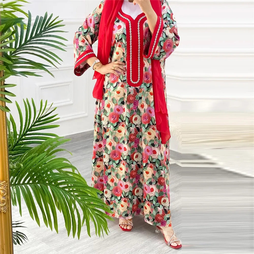 Moroccan Jalabiya 2024 Women Abaya Muslim Hijab Dress Vintage Floral Print Kaftan Ramadan Dubai Modest Dresses Party Arabic Gown EEK016Red