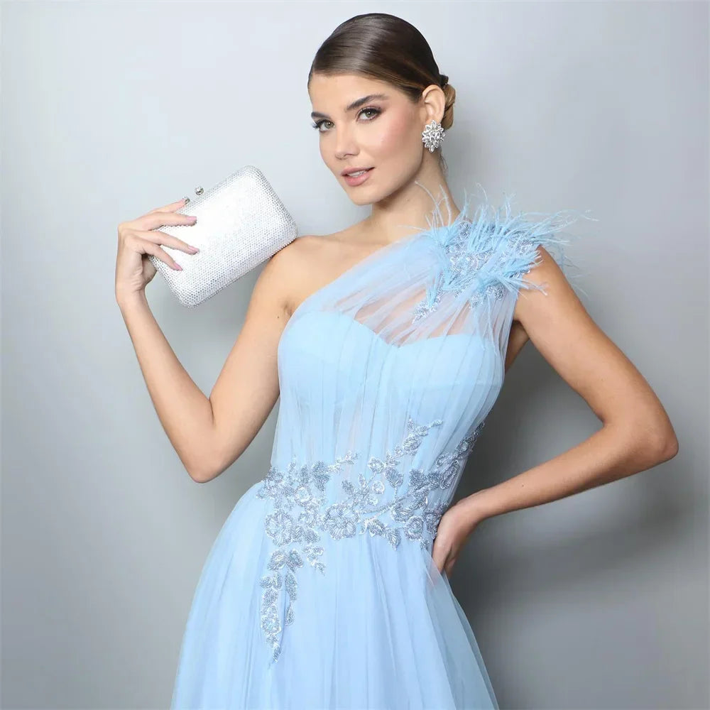 Light Blue One Shoulder Prom Dresses Feathers A-line Vestidos De Fiesta Sleeveless Lace Embroidery Tulle Party Dress