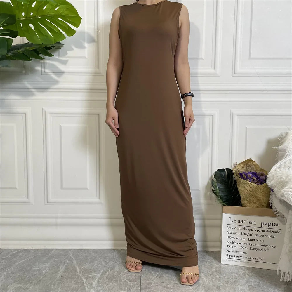 Muslim Women Lady Long Maxi Dress Sleeveless Underdress Slim Arabic Abaya Robe Ramadan Kaftan Turkish Dubai Clothing Middle East EEJ115-4Coffee