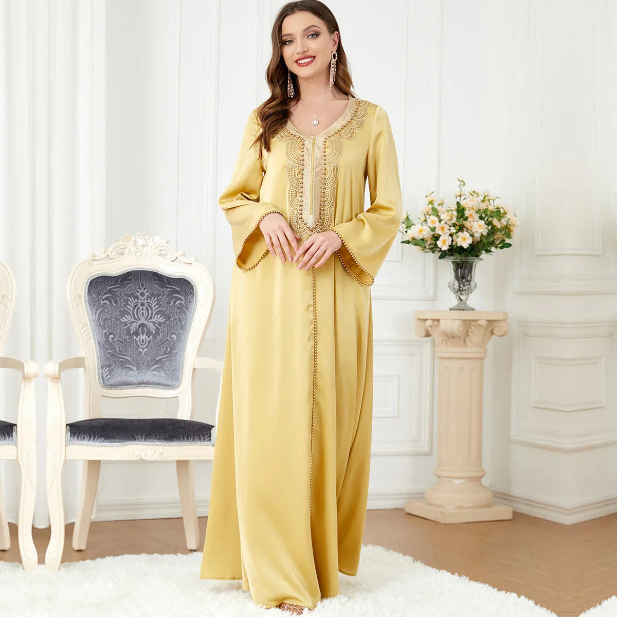 Abaya For Women Ramadan Dubai 2023 Arab Apparel Women's V-neck Beaded Long Sleeve Fashion Dress V-neck Embroidery Long Dress