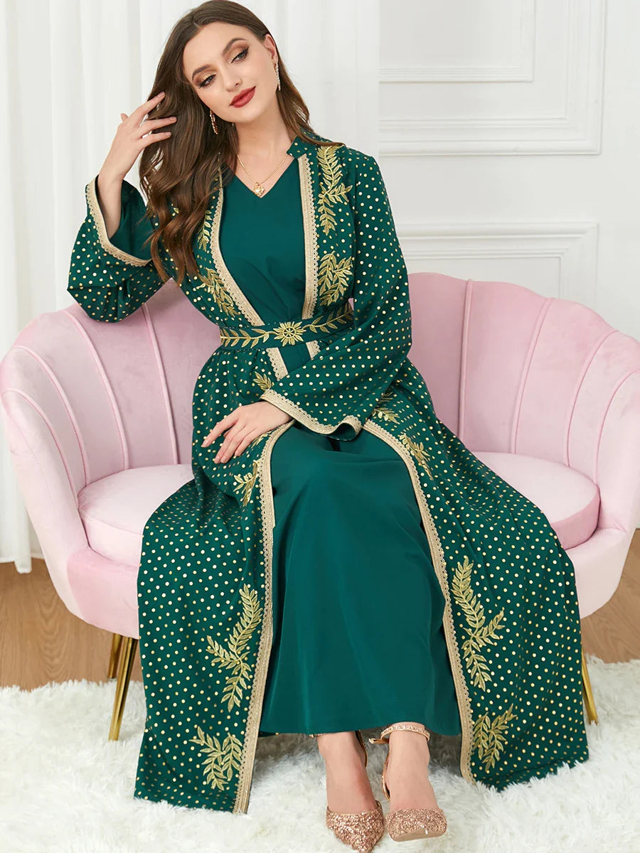 Eid Abaya For Women 2023 Spring Leaf Embroidery Lace Tape Belted Kaftan Polka Dot Print Front Open Abayas 2pcs Musilim Set Dress Green Abaya