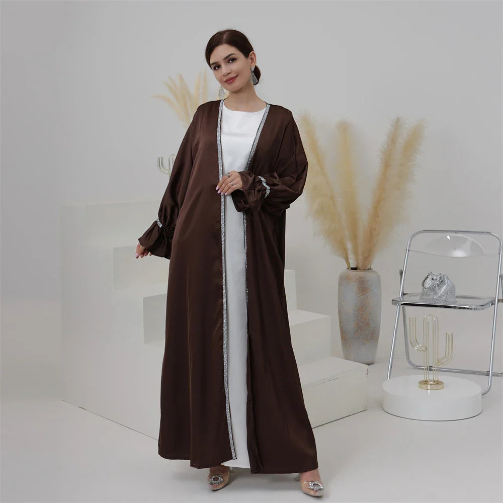 2 Piece Matching Open Abayas with Inner Dress Set Luxury Diamond Turkey Arabic Kimono Muslim for Women Dubai Islam Outfit Caftan 04 Coffee Set