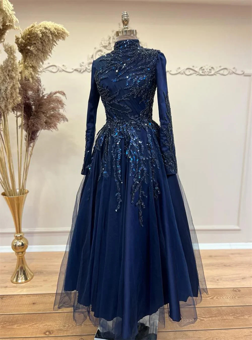 Elegant High Neck Prom Dress Sequins A-line Evening Dress Beading Embroid Party Dress Modest فساتين مناسبة رسمية Navy Blue