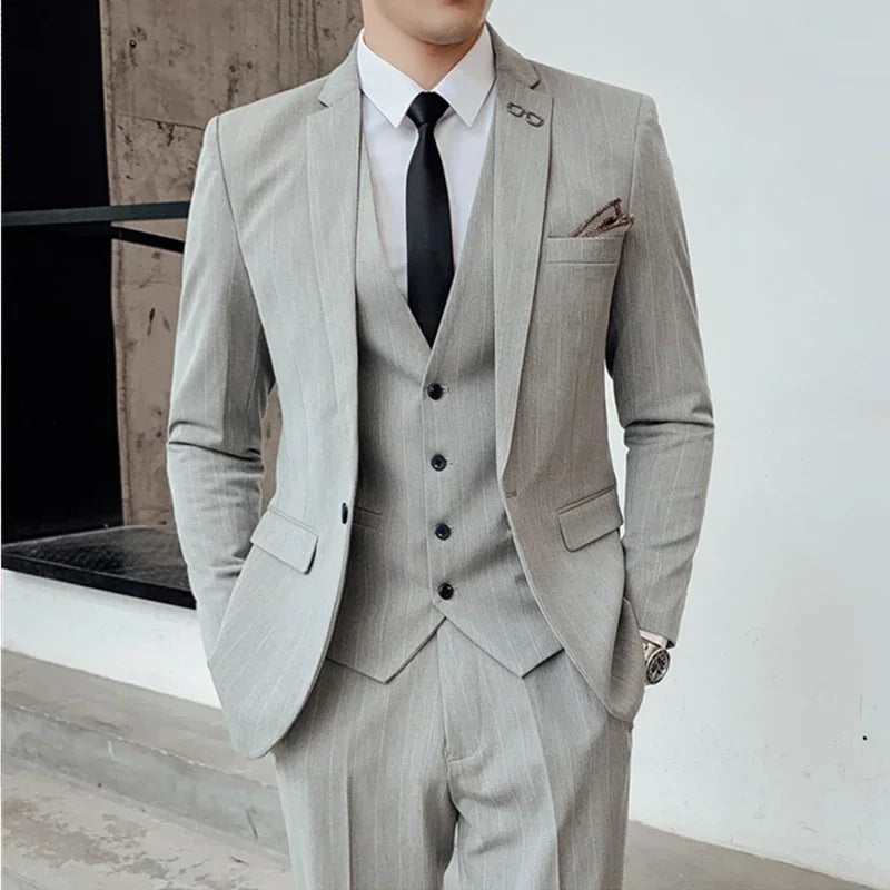 Suit Jacket Vest Pants 3 Pcs Set / 2023 Fashion New Men's Casual Business Solid Color Slim Fits Blazers Coat Trousers Waistcoat light gray