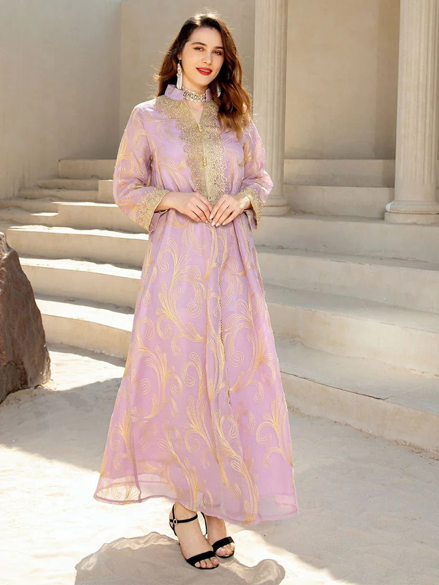 Arab Floral Embroidery Long Sleeve Lace Tape Notched V-Neck Casual Abaya Moroccan Caftan For Women Djellaba Dubai Dress Pink Dress