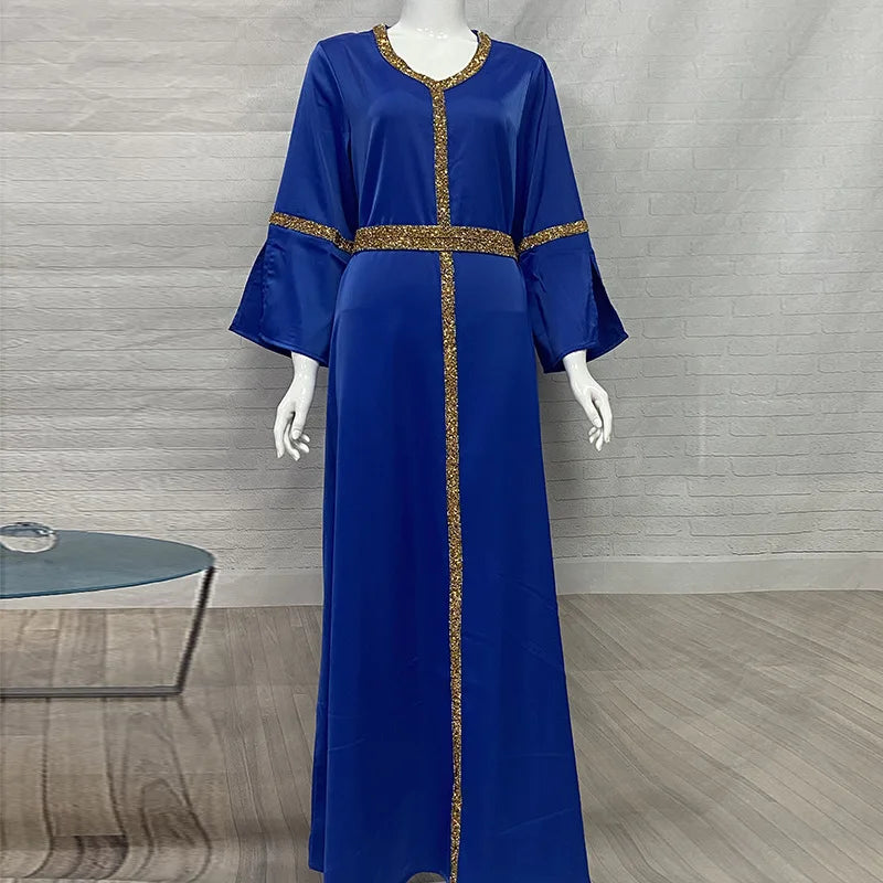 Caftan Kaftan Abaya Women Ramadan Gurban V-neck Long Sleeves Women Robe Dubai Muslim Arab Wedding Abaya Fashion Women Clothing Blue