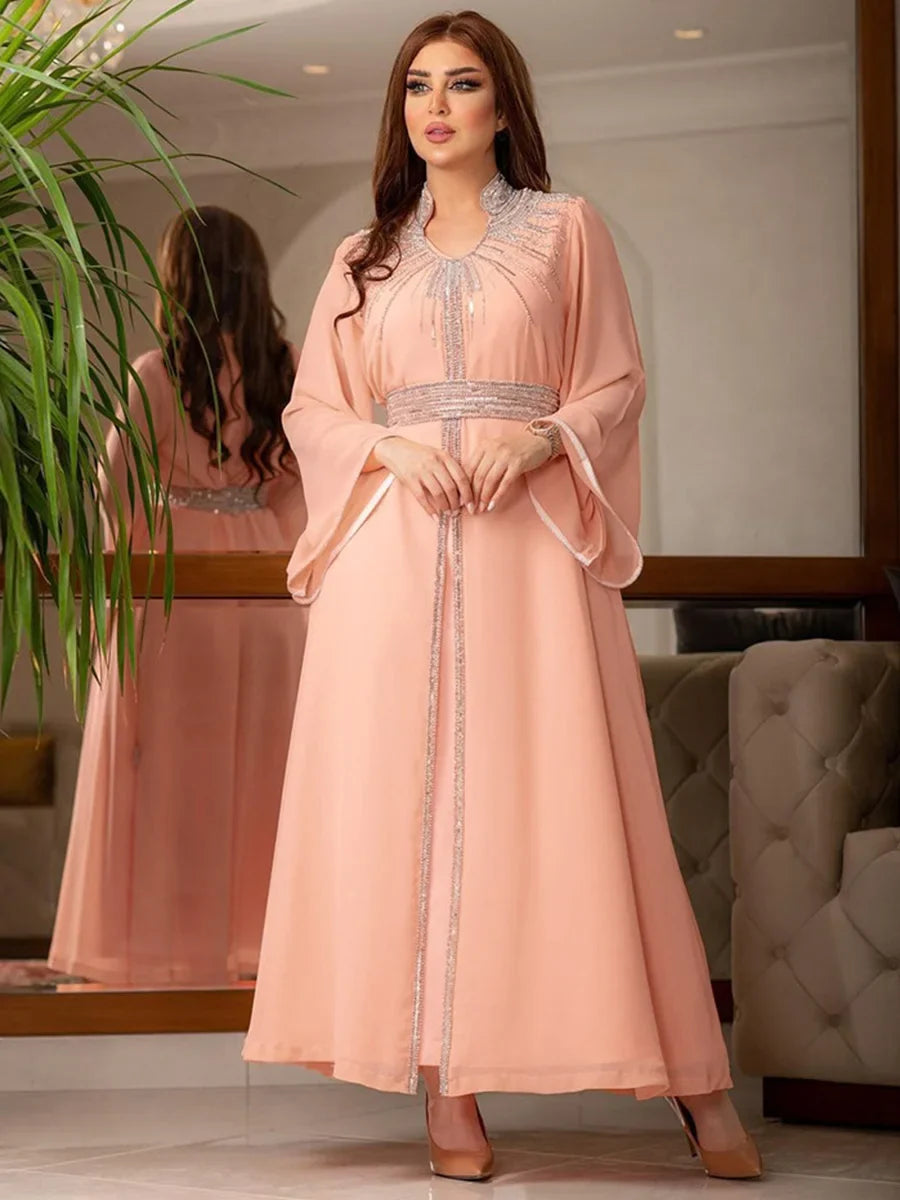 Arab Robe Fashion Middle East Muslim Kaftan Dubai Hot Fix Diamond Party Evening Dresses for Women Notched Stand Collar Pink Dress