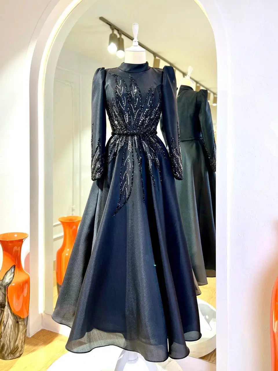 A-Line Champagne Muslim Prom Dresses Elegant Organza Beading High Neck Dubai Formal Dress Tea Length Evening Gown