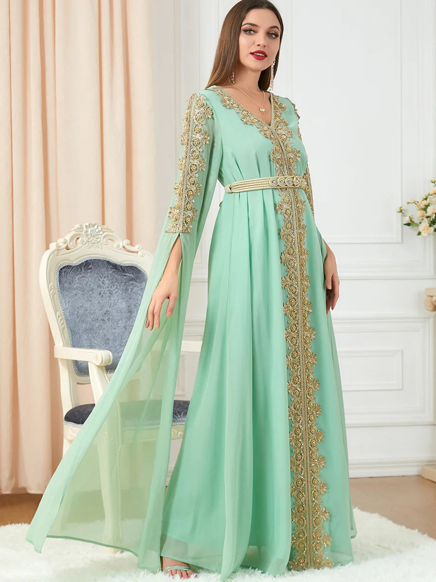 Evening Dresses Long Luxury 2022 Floral Embroidery Lace Panel Belted Chiffon Dress Moroccan Caftan Woman Robe Turkey Abayat Light Green Abaya