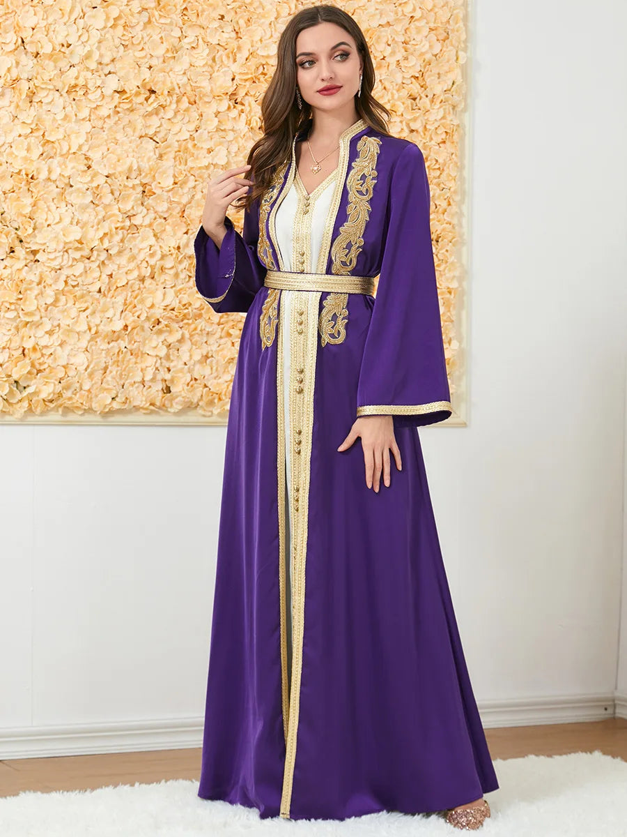 Muslim Fashion Two Piece Jilbab Robe Appliques Winter Abaya And Vest Long Dress Overgarments Islamic Women Moroccan Caftan Purple Abaya Set