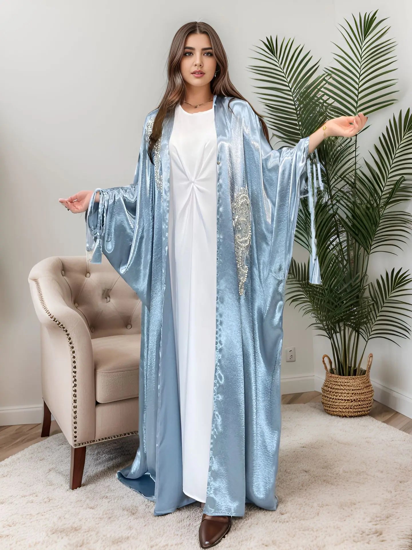 Elegant Women Muslim Satin Beading Open Abaya Kimono Long Maxi Dress Turkey Dubai Eid Party Kaftan Arabic Robe Morocco Jalabiya 01 Sky Blue One Size