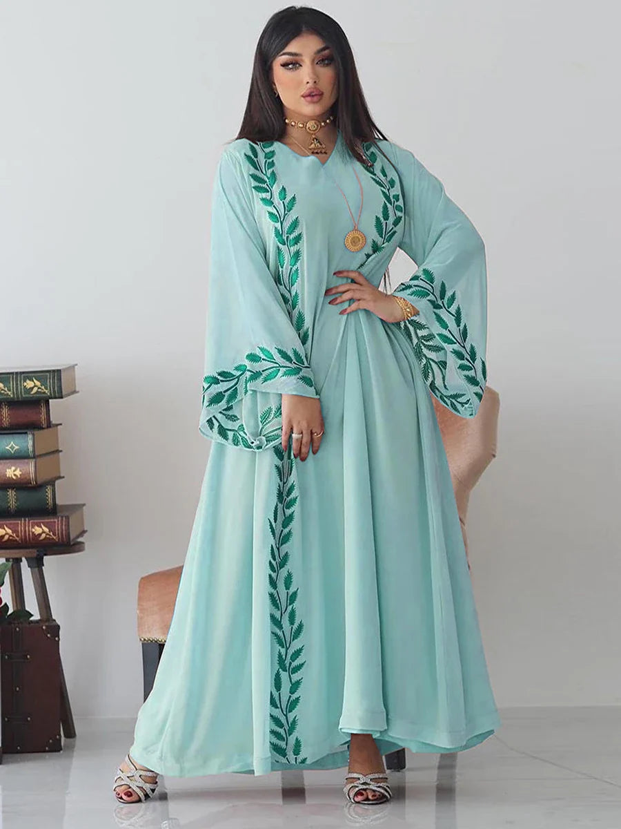 Fashion Chiffon Floral Embroidered Abaya Hijab Dress for Women Pink V Neck Long Sleeve Loose Arabic Muslim Dubai Moroccan Caftan Light Green Dress