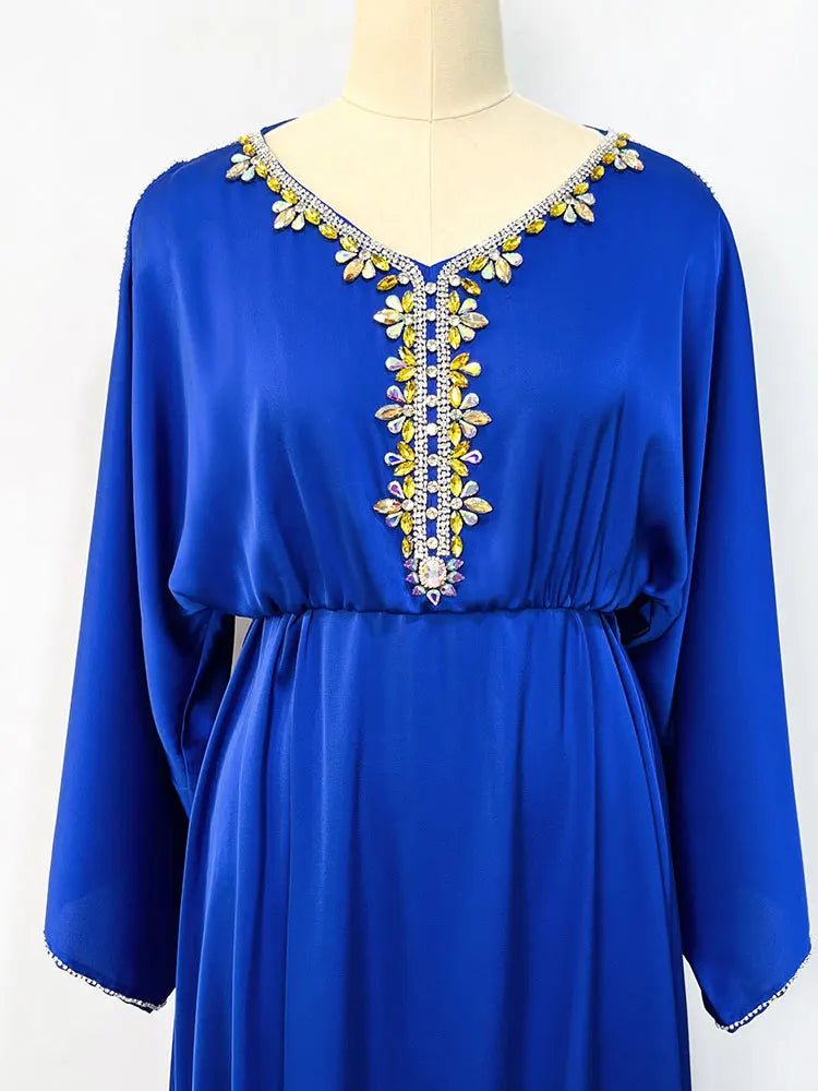 Morrocan Kaftan Evening Dresses Women Luxry Rhinestones Elastic Waist Muslim Long Dress Gulf Jalaabiya Arabian Party Abaya Blue