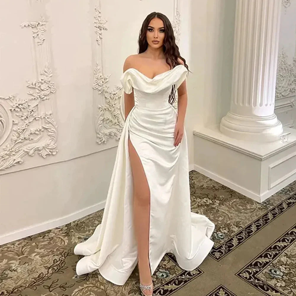 Elegant Satin Wedding Dresses For Bride Ribbons Princess Backless Off Shoulder High Split Civil Bridal Gowns Chapel Train Champagne 14W