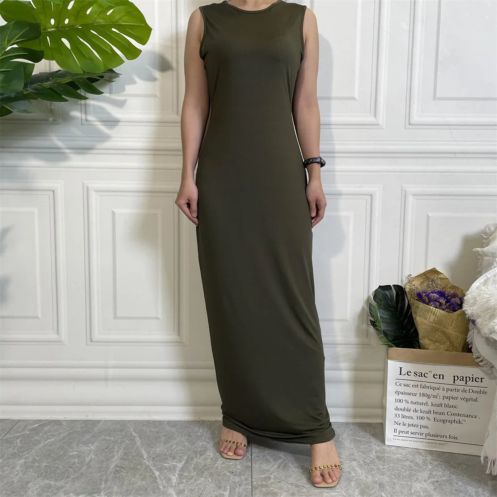 Muslim Women Lady Long Maxi Dress Sleeveless Underdress Slim Arabic Abaya Robe Ramadan Kaftan Turkish Dubai Clothing Middle East EEJ115-3Army Green