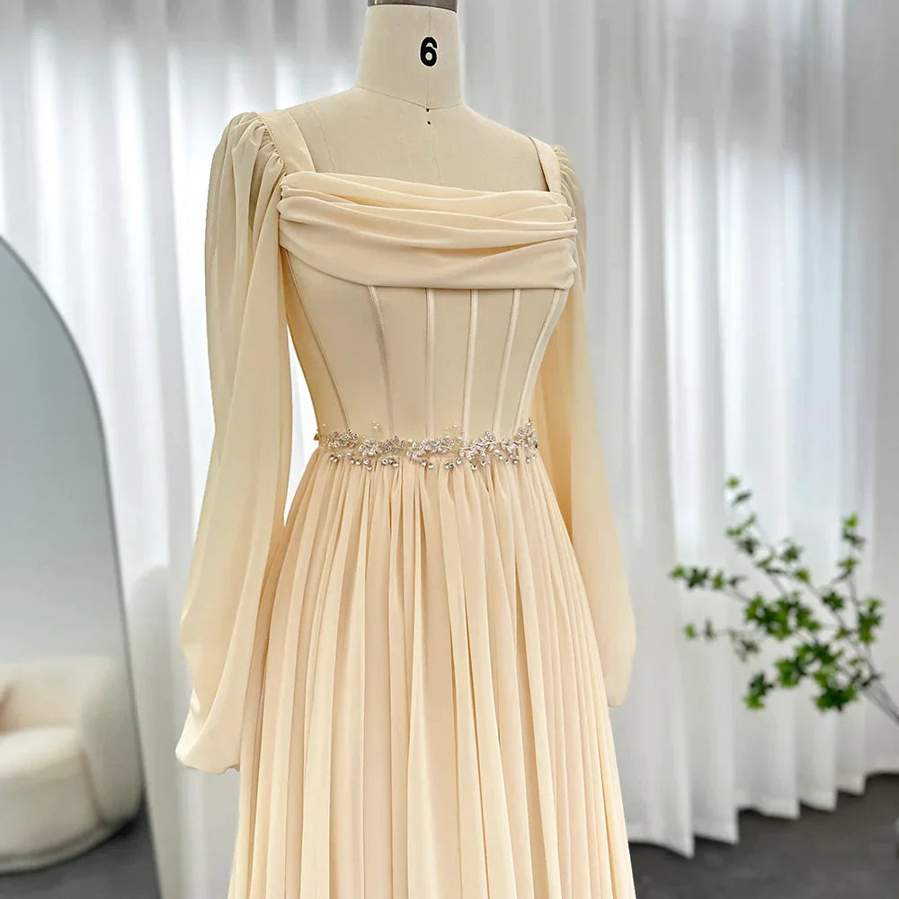 Beige Short Midi Arabic Evening Dress with Belt Long Sleeves Tea Length Women Formal Wedding Party Gowns SS393