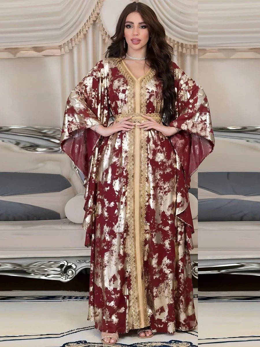 Luxurious Women's Jalabiyat Moroccan Kaftan Abaya Dubai Print V-Neck Guipure Lace Tape Belted Dress Islamic Dresses For Women Red Abaya