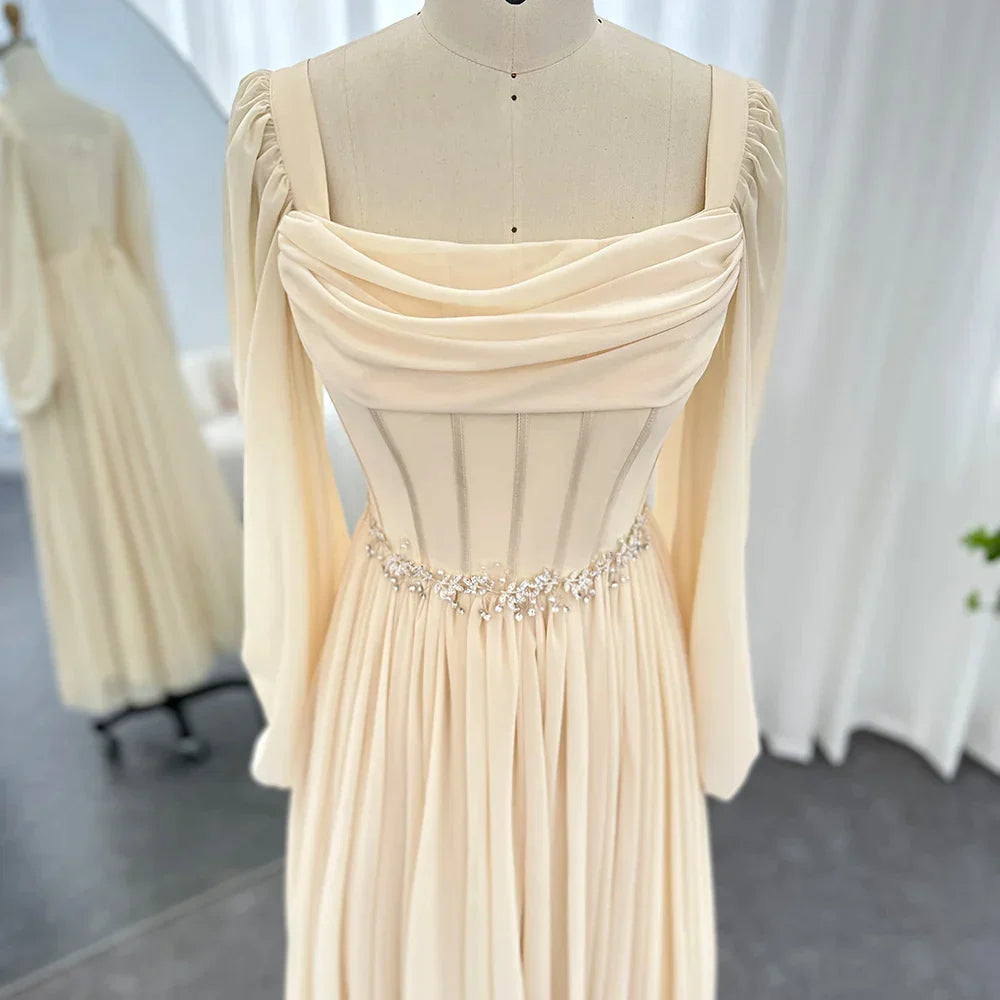 Beige Short Midi Arabic Evening Dress with Belt Long Sleeves Tea Length Women Formal Wedding Party Gowns SS393