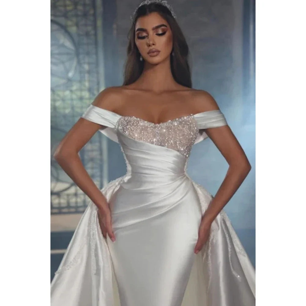 Luxury Mermaid Wedding Dresses Sparkle Beading O Neck Pleat Satin Ball Gowns Detachable Train Formal Bride Beach Party 웨딩드레스