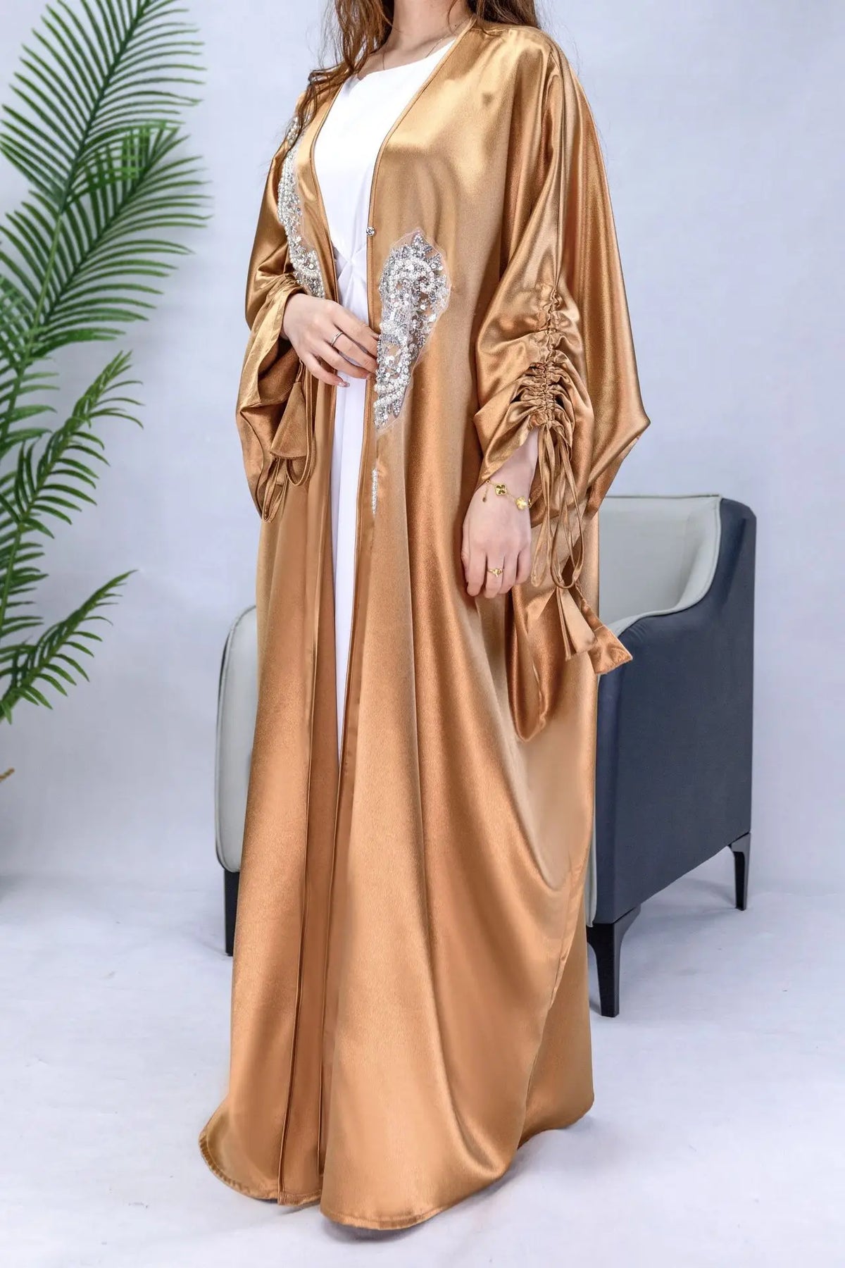 Elegant Women Muslim Satin Beading Open Abaya Kimono Long Maxi Dress Turkey Dubai Eid Party Kaftan Arabic Robe Morocco Jalabiya 05 Golden One Size