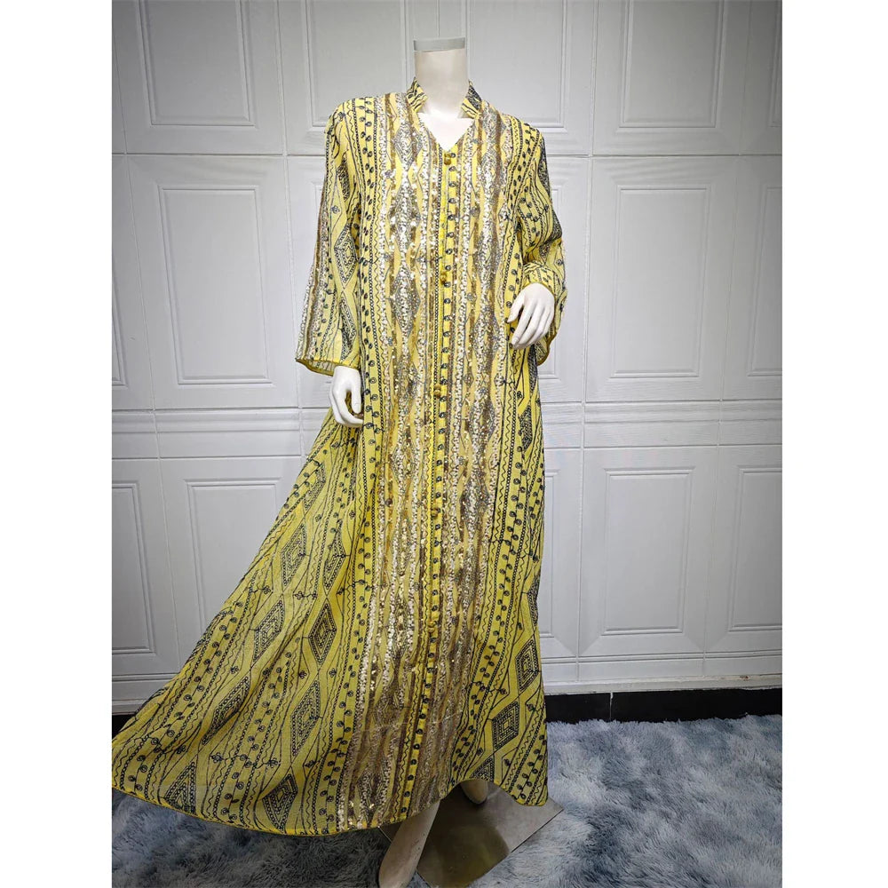 Moroccan Muslim Abaya Floral Print Women Long Maxi Dress Turkey Arab Dubai Eid Party Femme Ramadan Kaftan Jalabiya Vestidos Gown 129-2Yellow