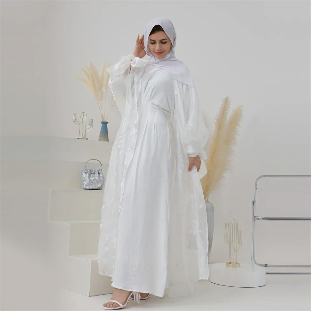 White Embroidery Shiny Women Muslim Open Abaya Maxi Dress Turkey Kaftan Dubai Saudi Eid Ramadan Kimono Puff Sleeve Gown Jalabiya White