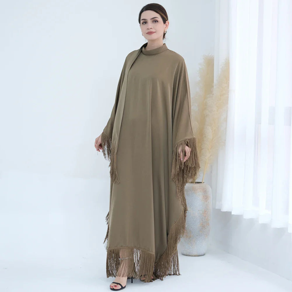 Kaftan Dress Moroccan Caftan Muslim Women Islamic Clothing Dubai Turkish Abaya Tassel Evening Party Ramadan Eid Arabic Robe Khaki