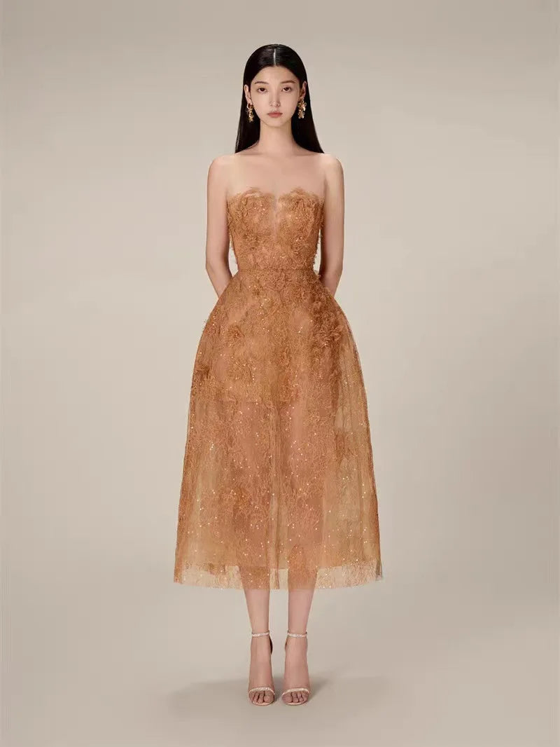 Lace Luxury Sequin Perspective Strapless Dress Summer Women Vintage Slash Neck Evening Party Long Dress Mesh Vestidos G211 Khaki